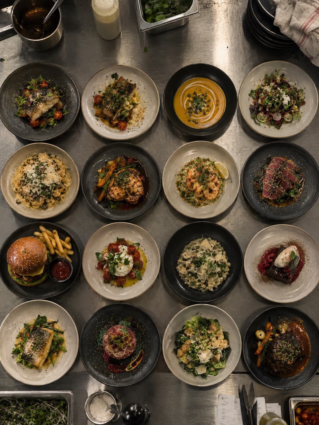 Seize assiettes vues du dessus sur le passe d'une cuisine