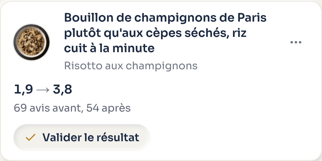 Dans l'application, quelques semaines plus tard : la même action sur le risotto, sa note mesurée avant et après, et le bouton « Valider le résultat ».